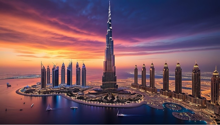 Horizonte de Dubái al atardecer con su icónica arquitectura moderna y el paseo marítimo