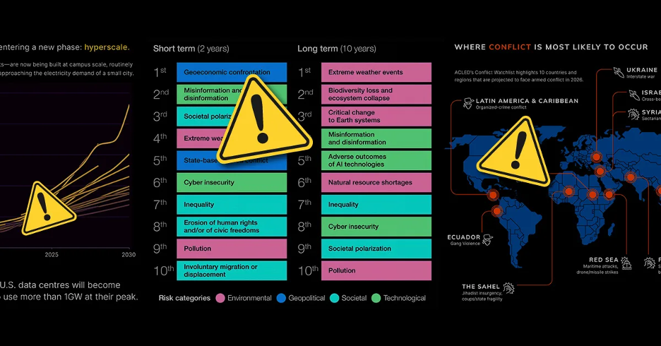 Infografía ilustrando los tres mayores riesgos geopolíticos para la economía global en 2026, incluyendo guerras comerciales, conflictos y fragmentación