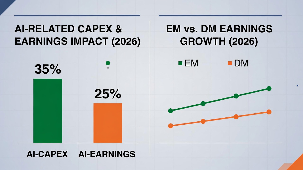 Graphique divisé : à gauche, barre verte à 35 % pour le Capex IA et barre orange à 25 % pour l’impact sur les bénéfices IA en 2026 ; à droite, graphique linéaire avec ligne verte EM plus élevée que la ligne orange DM pour les projections de croissance des bénéfices.