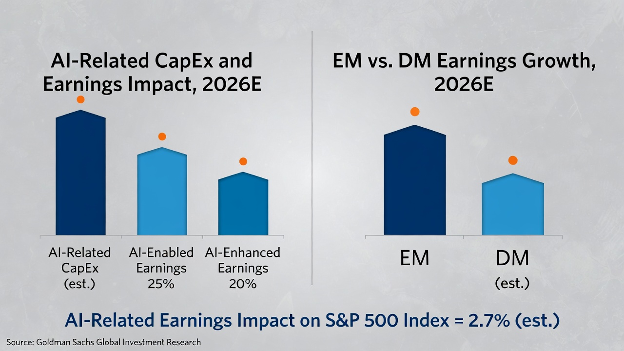 Graphique en barres à deux panneaux de Goldman Sachs : à gauche, barres bleu foncé pour Capex lié à l’IA (le plus élevé), Bénéfices habilités par l’IA à 25 % et Bénéfices améliorés par l’IA à 20 % pour 2026E ; à droite, comparaison EM (bleu foncé) plus élevée que DM ; note sur l’impact de 2,7 % sur l’indice S&P 500.