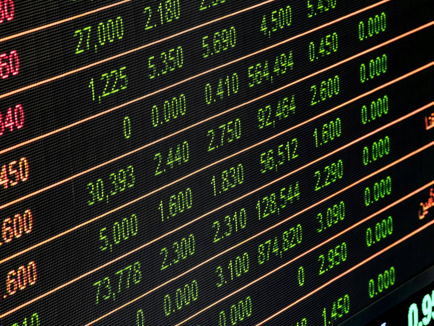 Foto en primer plano de una gran pantalla LED de cotizaciones bursátiles que muestra cotizaciones en vivo con números verdes y naranjas, líneas de precios, volúmenes y nombres de empresas en árabe y cifras, ilustrando la actividad dinámica de los mercados financieros globales.