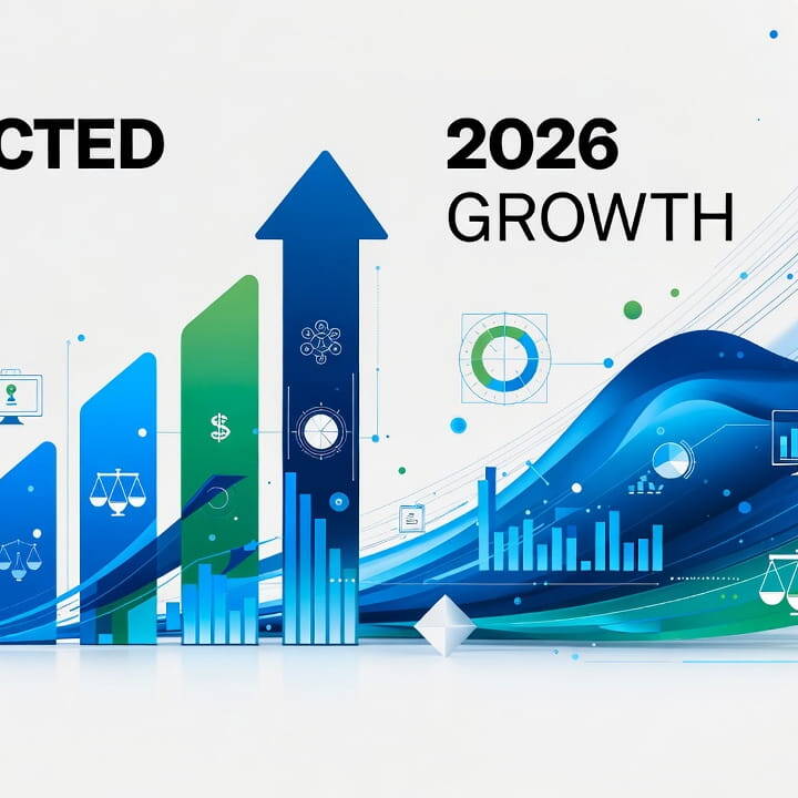Gráfico previsiones crecimiento PIB 2026 comparando mundial, Estados Unidos, China, Europa, India y mercados emergentes con iconos de tecnología y políticas